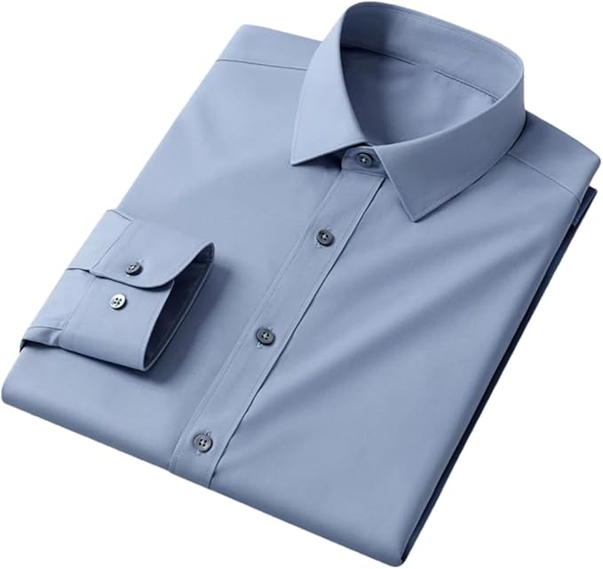 Men Formal Shirt Elastic Office Tops Long-Sleeve Solid Business Shirts