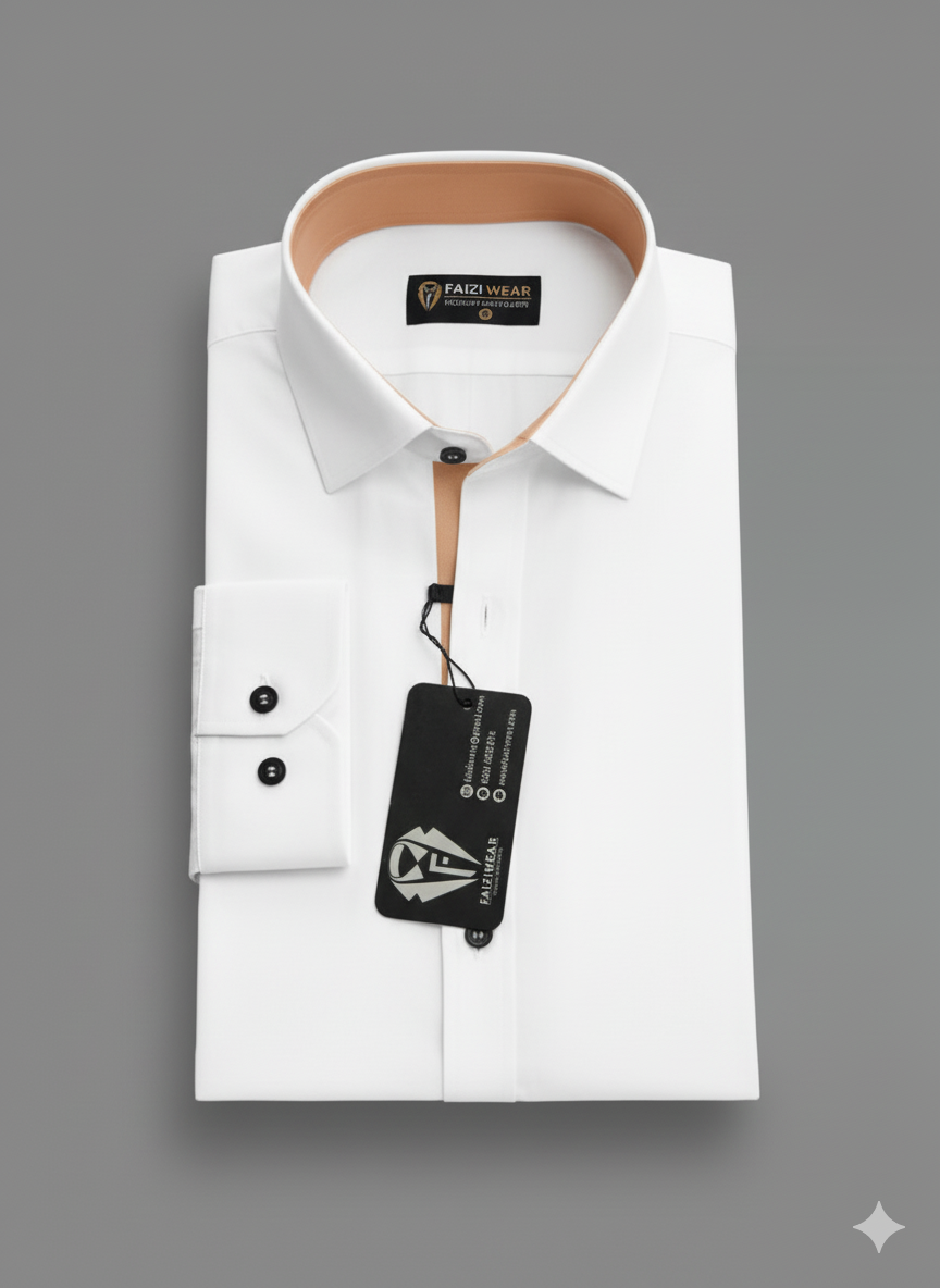 Shirt for Men –Casual White with Light Brown Contrast